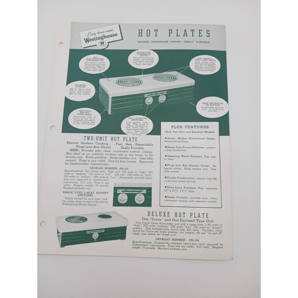 1940 Westinghouse Hot Plates Cord Sets Appliance Sales Flyer Brochure Ephemera
